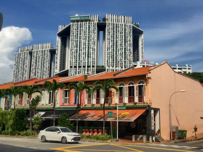 The building in the background ist the Duxton, one of the largest public housing complexes in the world. All five towers are connected by skygardens.